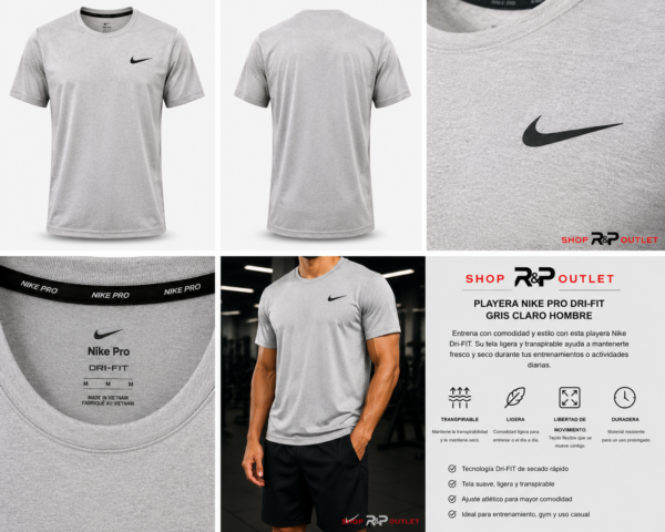 Nike gris Playera Nike Pro Dri-FIT Gris Claro Hombre | Ligera y Transpirable