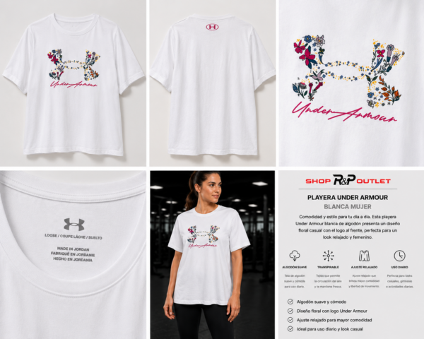 ChatGPT Image 24 may 2026, 10_29_48 p.m. Playera Under Armour Blanca Mujer | Diseño Floral Casual