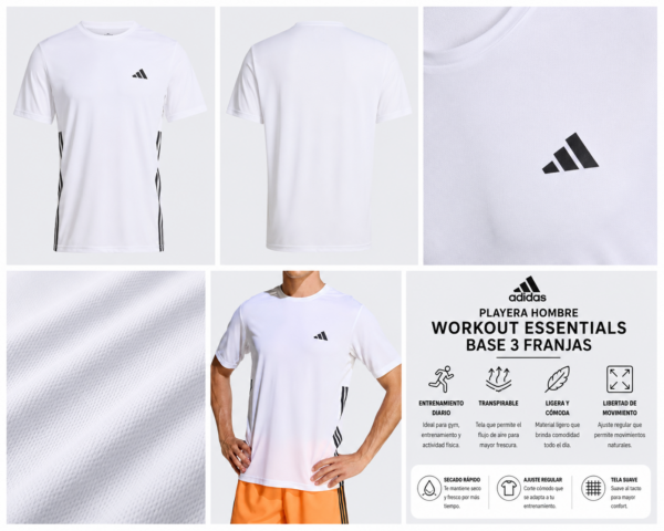 adidas blanca Playera adidas Workout Essentials Base 3 Franjas Hombre Blanca