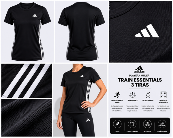 adidas negra Playera Deportiva adidas Mujer | Train Essentials 3 Tiras Negra