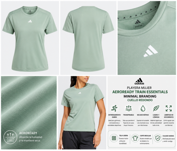 ChatGPT Image 29 may 2026, 11_23_27 p.m. Playera adidas Mujer Aeroready Train Essentials Minimal Branding Verde Menta
