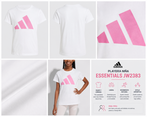 adidas blanca Playera adidas Essentials Niña | Blanca con Logo Rosa