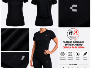 charly negra Playera Charly Básicos Fitness Negra para Mujer | Ligera, Cómoda y Transpirable