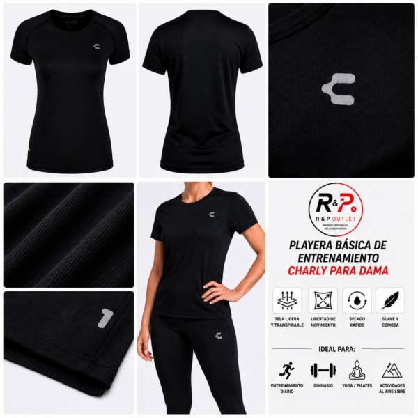 charly negra Playera Charly Básicos Fitness Negra para Mujer | Ligera, Cómoda y Transpirable