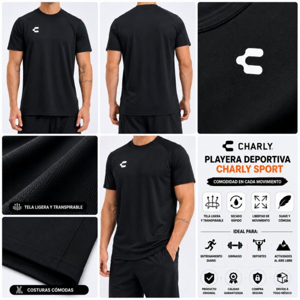 charly negra Playera Deportiva Charly Sport Negra para Hombre | Ligera y Transpirable