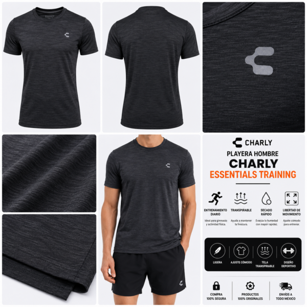 charly negro/gris Playera Charly Essentials Training Negra/Gris para Hombre | Ligera y Transpirable