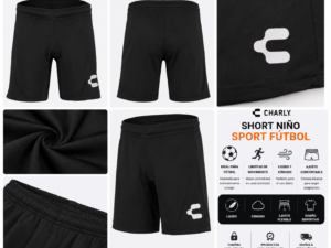 charly negro Short Deportivo Charly Sport Fútbol Negro para Niño | Ligero y Cómodo