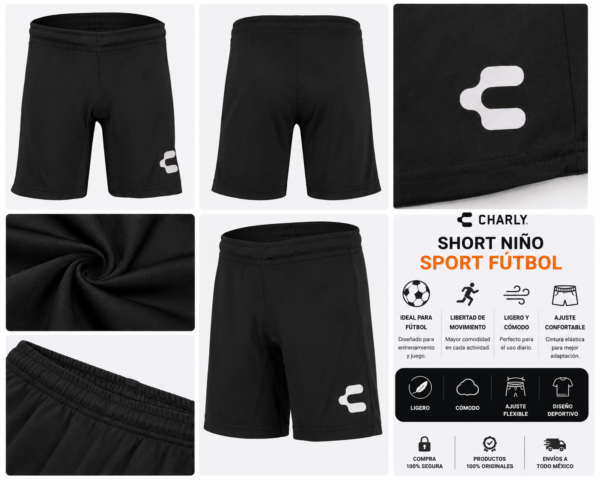 charly negro Short Deportivo Charly Sport Fútbol Negro para Niño | Ligero y Cómodo