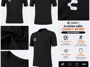 charly negra Playera Deportiva Charly Sport Negra para Niño | Ligera y Cómoda