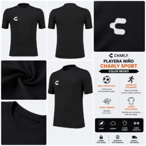 Playera Deportiva Charly Sport Negra para Niño | Ligera y Cómoda
