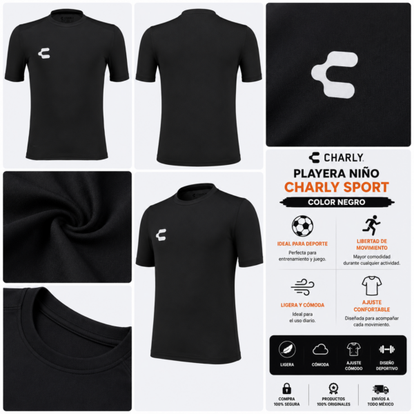 charly negra Playera Deportiva Charly Sport Negra para Niño | Ligera y Cómoda