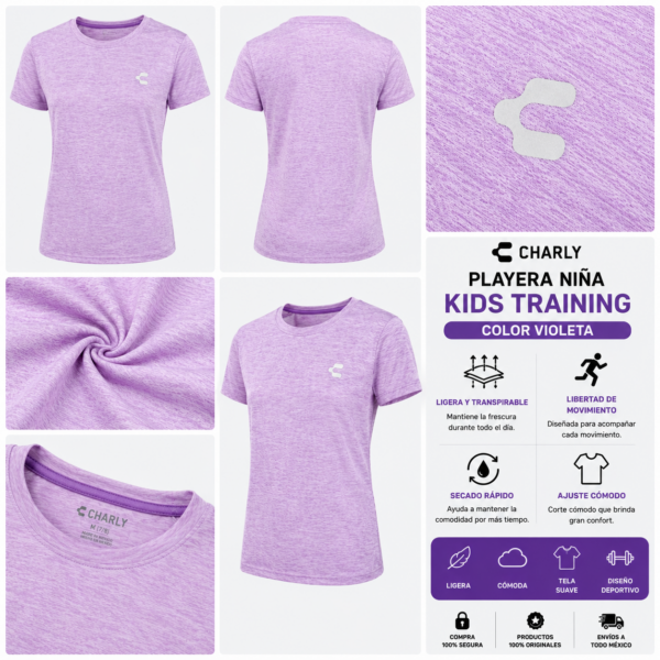 ChatGPT Image 10 jun 2026, 11_13_50 p.m. Playera Charly Kids Training Violeta para Niña | Ligera y Cómoda para Deporte