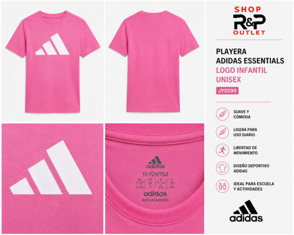 ChatGPT Image 31 may 2026, 07_13_52 p.m. Playera adidas Essentials Logo Infantil Unisex Rosa