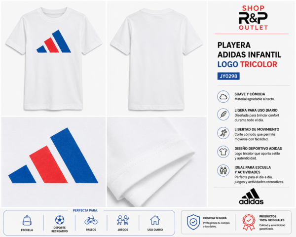 adidas blanca Playera adidas Infantil Unisex Blanca con Logo Tricolor | Estilo Deportivo