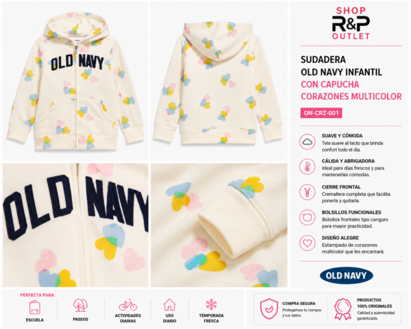 ChatGPT Image 31 may 2026, 08_36_28 p.m. Sudadera Old Navy Infantil Blanca con Corazones Multicolor | Suave, Cálida y Cómoda