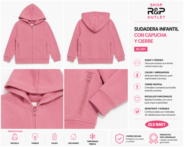 old rosa Sudadera Old Navy Infantil Rosa con Capucha y Cierre Completo | Suave y Cómoda