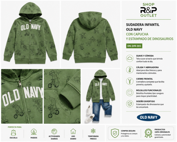 old verde Sudadera Infantil Old Navy Verde con Capucha y Estampado de Dinosaurios